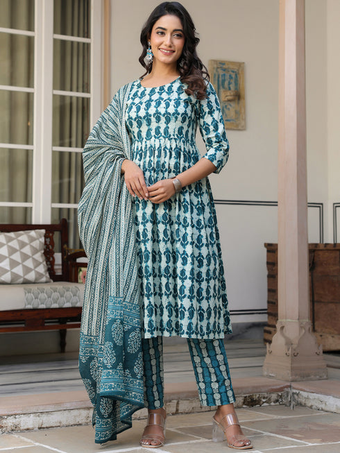 Teal Blue Pure Cotton Abstract A-line Kurta Set